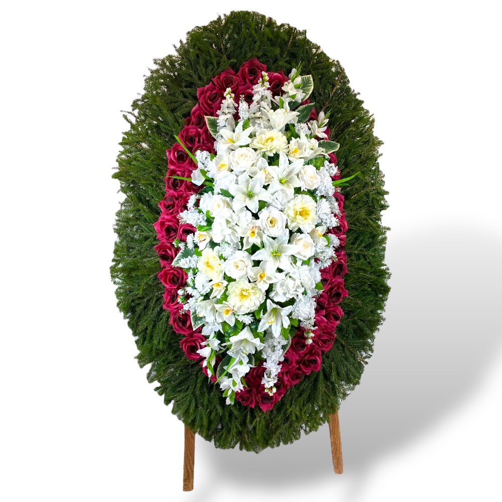 венок на похороны, венок с хвоей, венок с живыми цветами, похоронный венок, артикул ВК-003, венок на подставке, ритуальный венок, венок с искусственными цветами.