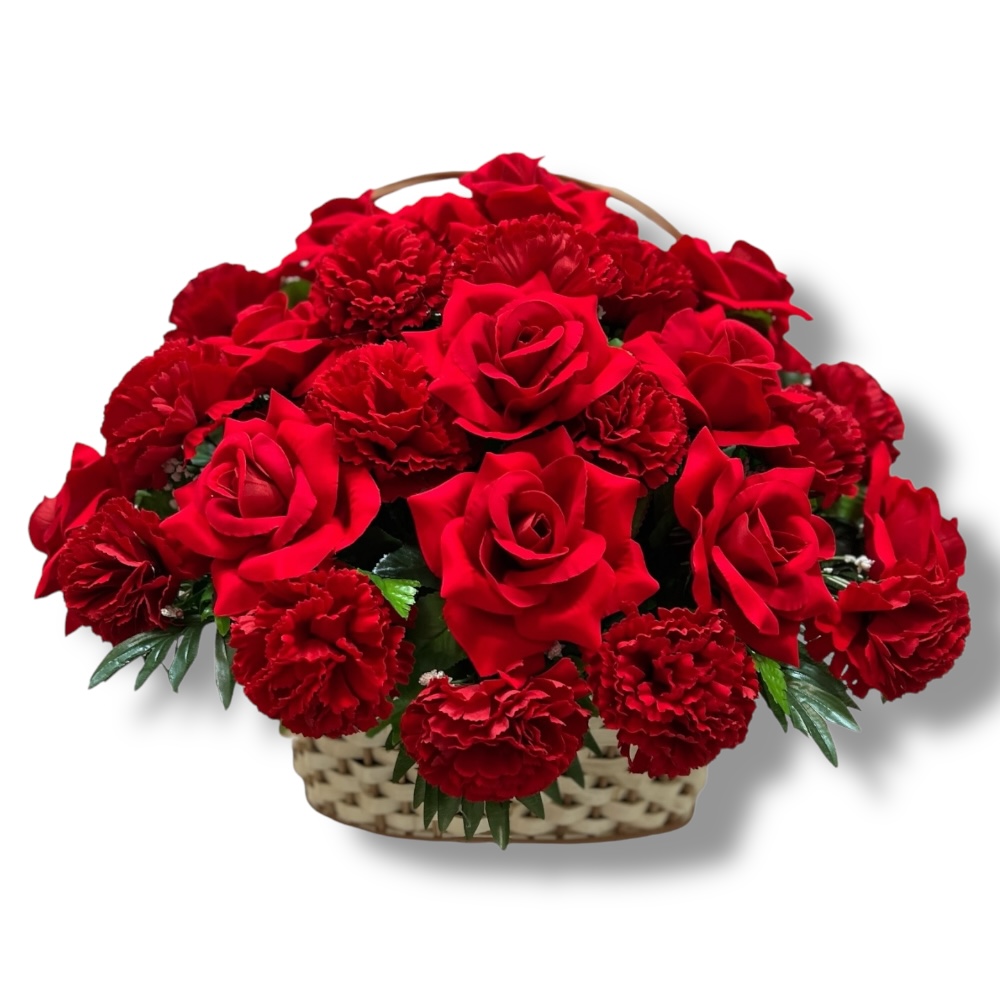 Арт. КИ-001 Ритуальная корзина из искусственных цветов на кладбище бархатные розы