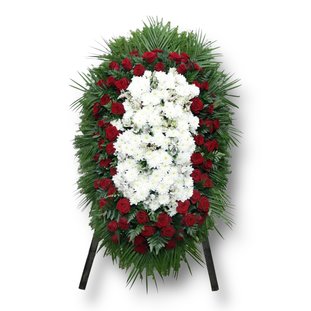 Арт. ВЖ-060 Венок из живых цветов на похороны: Розы, гвоздики, орхидеи 120 см.