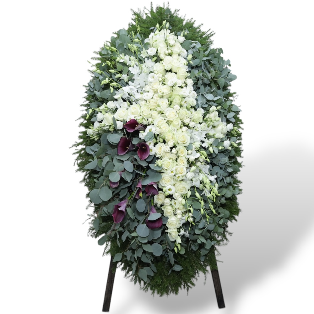 венок на похороны, венок из живых цветов, крест из цветов, цветы на похороны, траурный венок, венок с орхидеями, венок с розами, венок с лизиантом, венок с каллами.