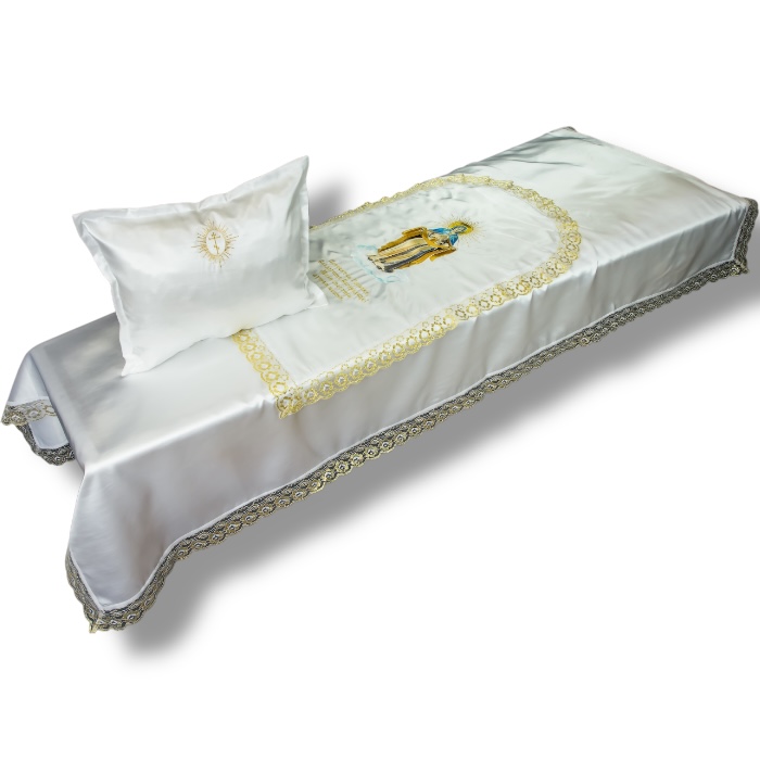 АРТ П-17 Икона Покрова Пресвятой Богородицы. Ритуальный комплект в гроб. Подушка+покрывало. Парча. Белый