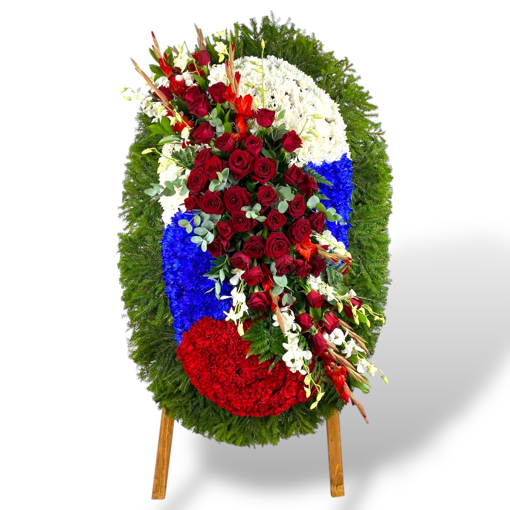 венок из живых цветов, венок триколор, похоронный венок, гвоздики, розы, орхидеи, гладиолусы, возложение, траурный венок, цветы на похороны, патриотический венок