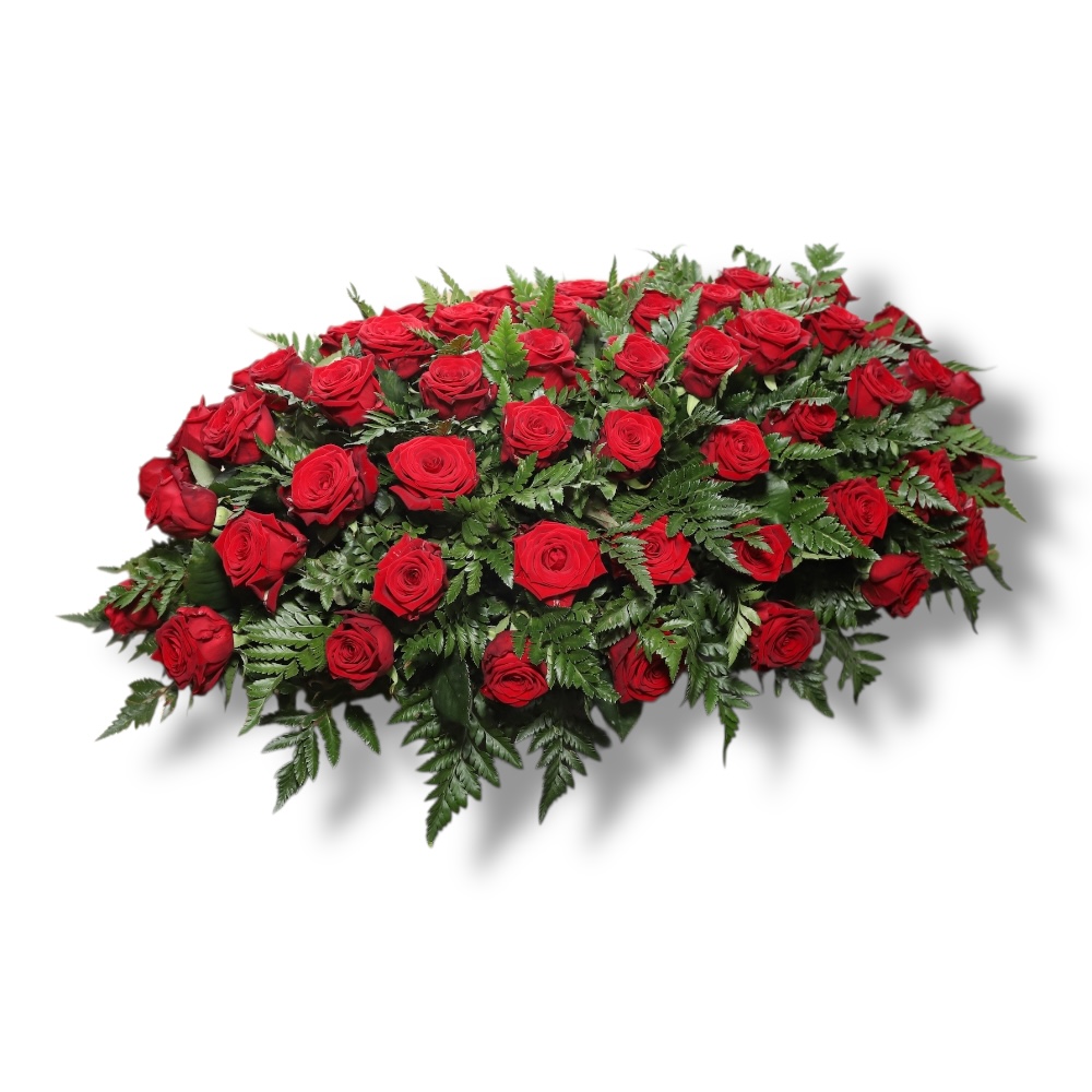 Арт. ТК-022 Траурная композиция из живых цветов на гроб: Розы, папоротник 100 см.