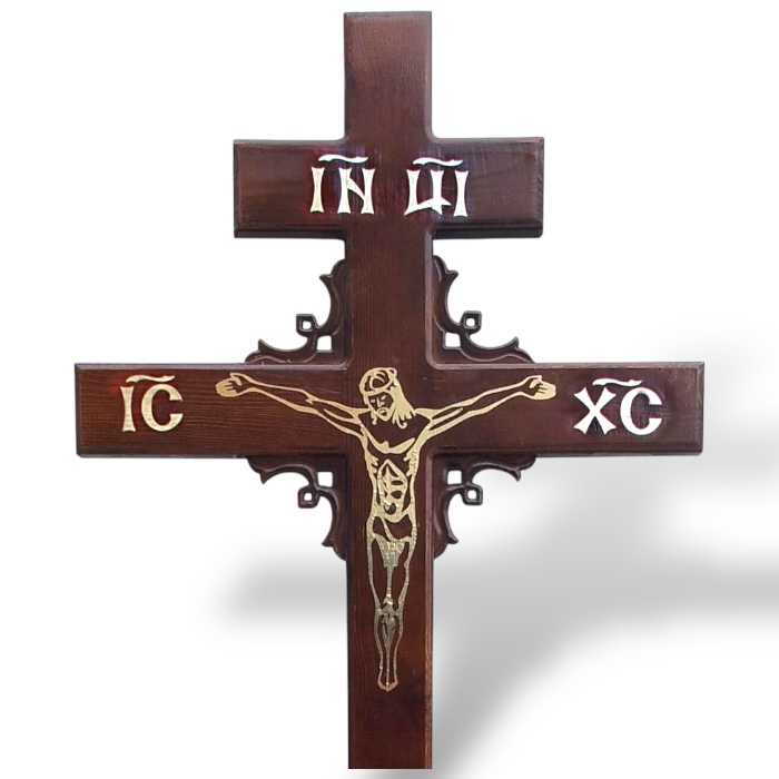 Крест на могилу, сосновый крест, артикул КДС-03, угловой узор, ритуальные изделия, деревянный крест, православный крест, мемориальный крест.